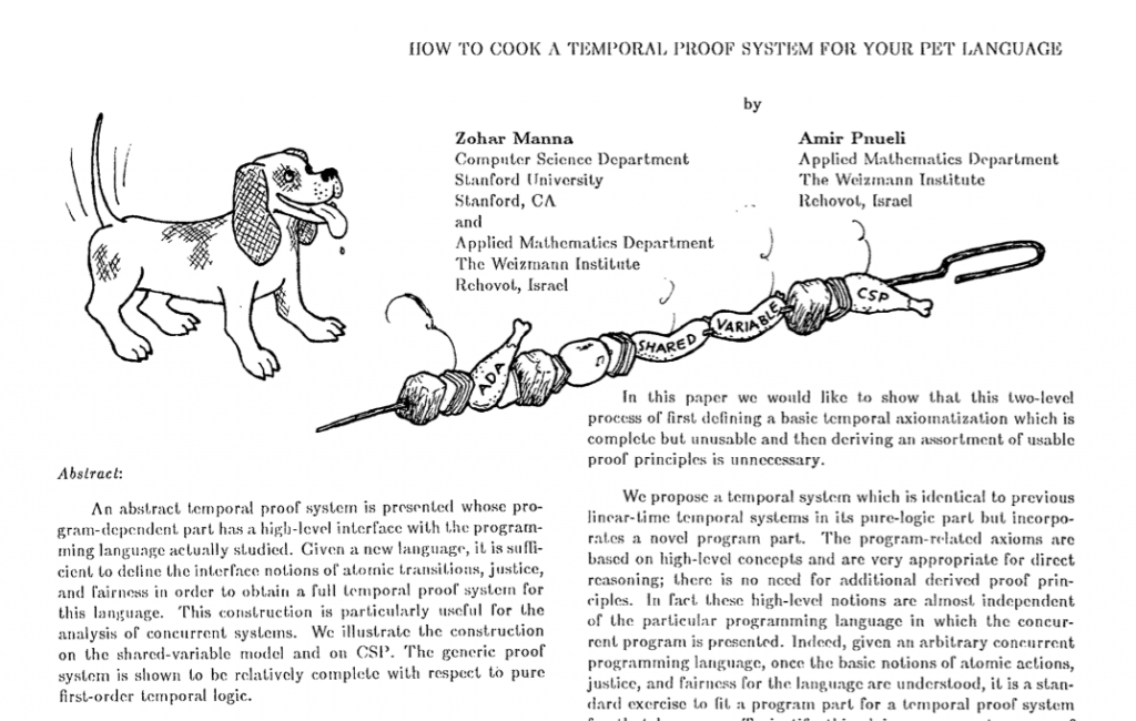 The header of the paper offsets the author names to the right. A line drawing dominates the top: a dog wags its tail, tongue dripping eagerly in front of a kabob marked with &quot;ADA&quot; and &quot;shared variable&quot; and &quot;CSP&quot;.